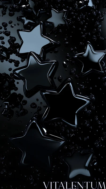 Glossy black star-shaped objects float on reflective surface