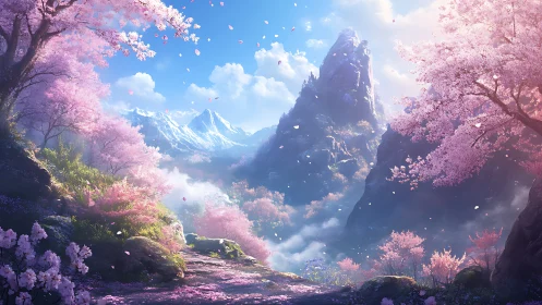 Cherry blossom highlands embrace crystalline mountain peaks.