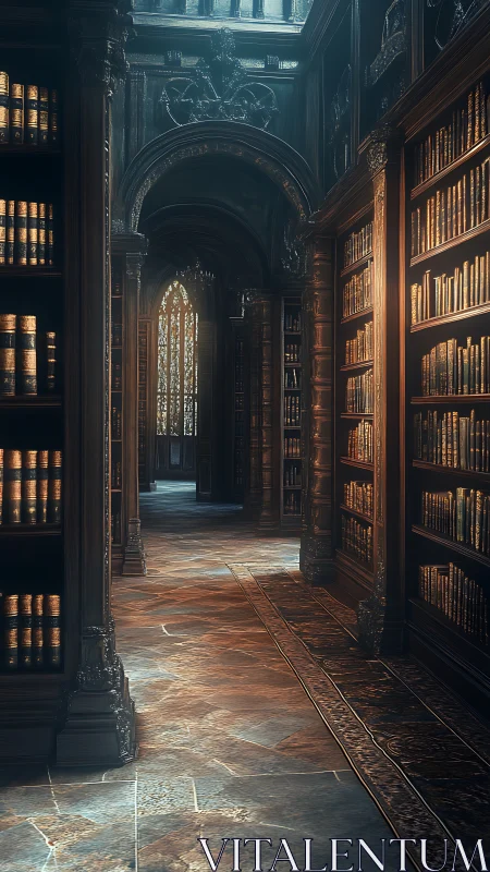 Sunlit gothic library corridor glows with ancient books.