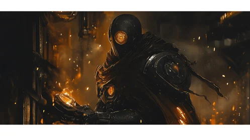 Hooded cyborg handles molten energy in a dark forge.