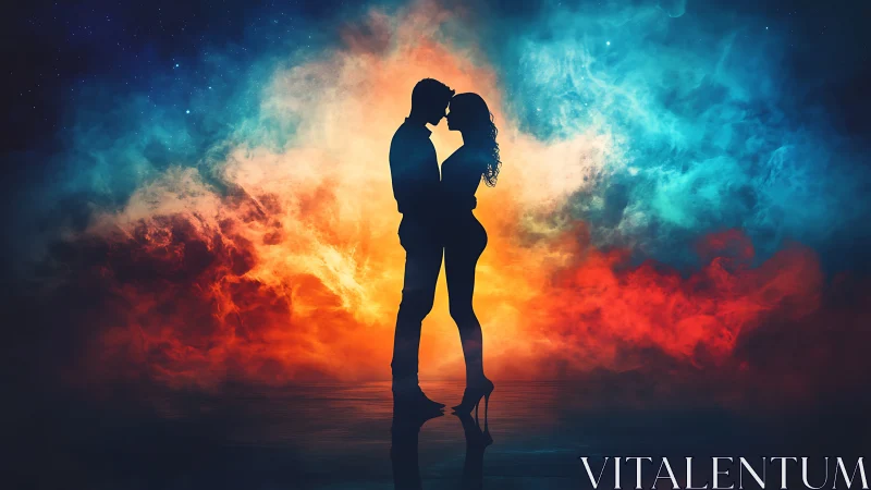 Silhouetted Couple Embracing Against Cosmic Fire.