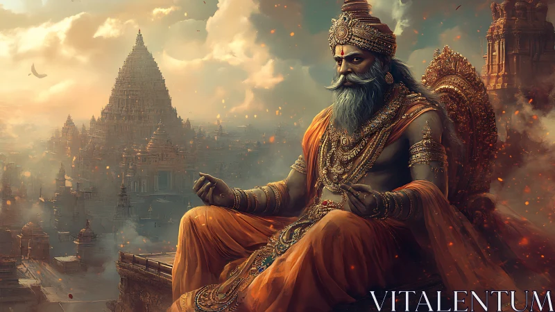 Divine sage sits enthroned above sprawling ancient temple city