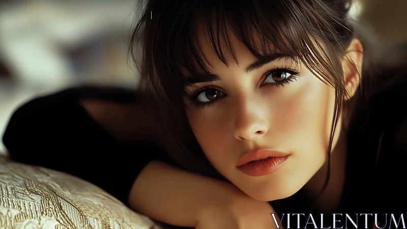 Young woman lies on pillow, face lit by soft warm light