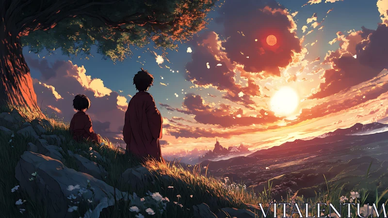 Anime hillside sunset with dual suns and contemplative figures