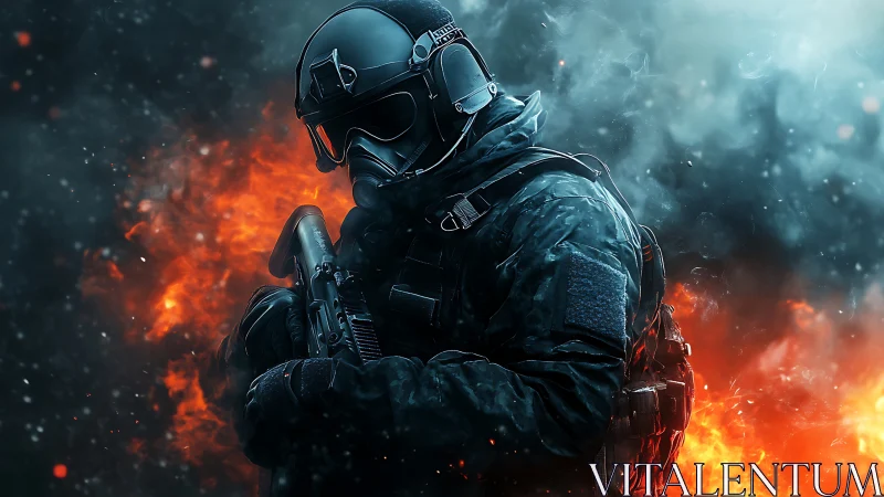 Armored tactical soldier amid roaring inferno and smoke.