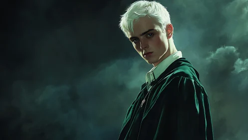 Moody pale-haired student portrait in dark emerald robes