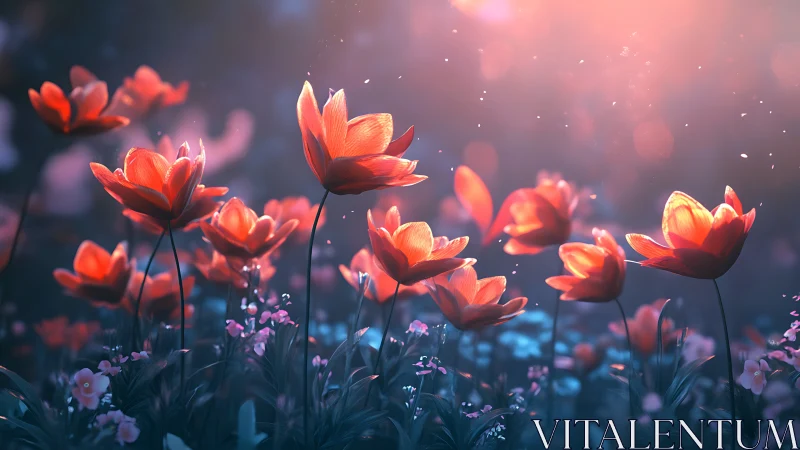 Luminescent Red Tulips with Bokeh Atmospheric Lighting Effect