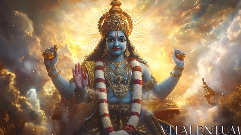 Radiant Hindu deity emerges from luminous celestial clouds