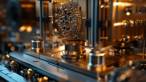 Intricate brass mechanism within futuristic precision engine.