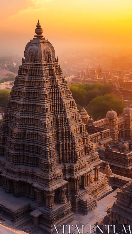 Sunlit stone spire crowns an ancient temple labyrinth.
