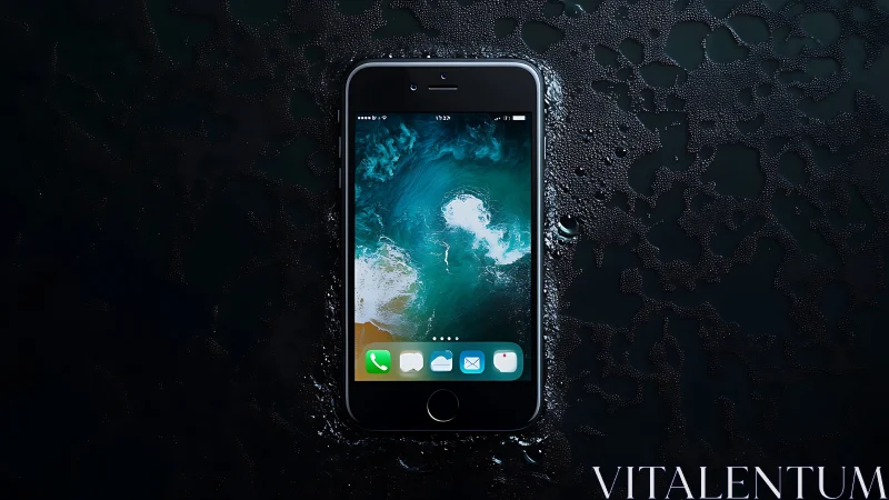 Smartphone displaying aerial coastal photography with water droplets on dark textured surface