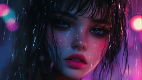 Neon-lit wet portrait renders hyperreal anime-styled emotion