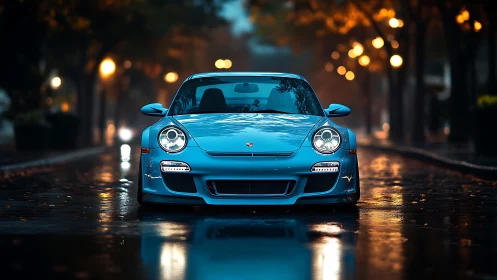 Blue sports coupe reflects city lights on wet boulevard.