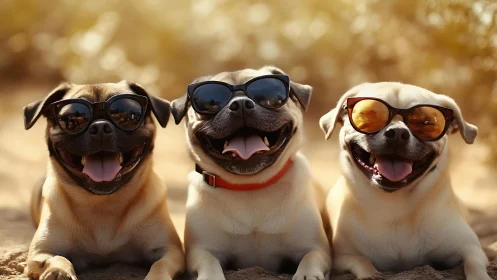 Three pugs in sunglasses lying on sand at beach.