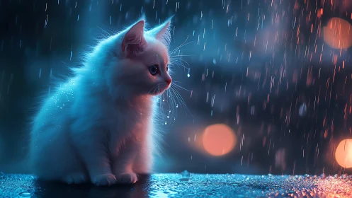 Digital rendering displays feline subject under simulated rainfall with chromatic lighting effects.