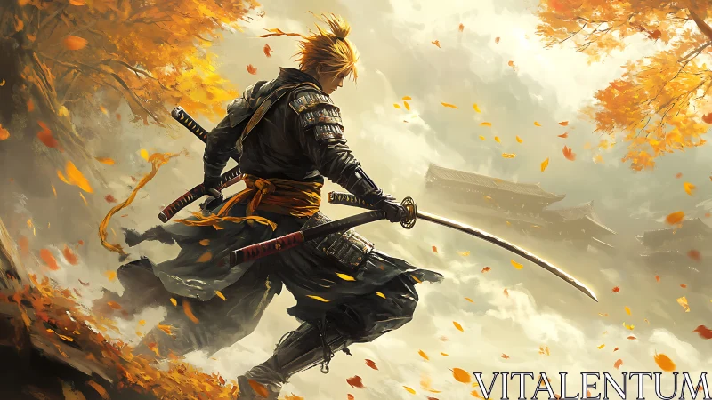 Samurai warrior with drawn katana in autumn landscape scene.
