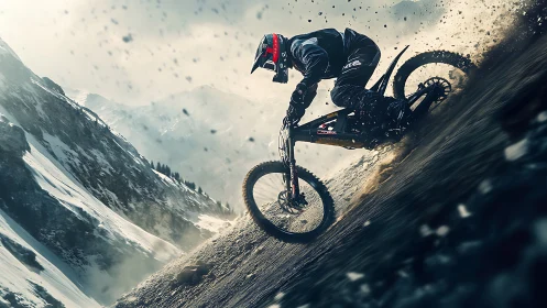 Fearless mountain biker carving a fast line through snow and dirt.