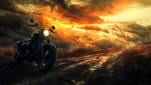 Motorcycle waiting on a glowing road under fiery skies.