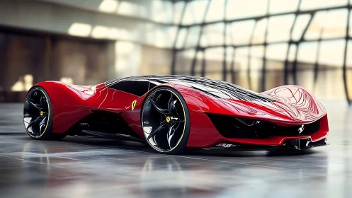 Low red concept supercar in modern glass interior space.