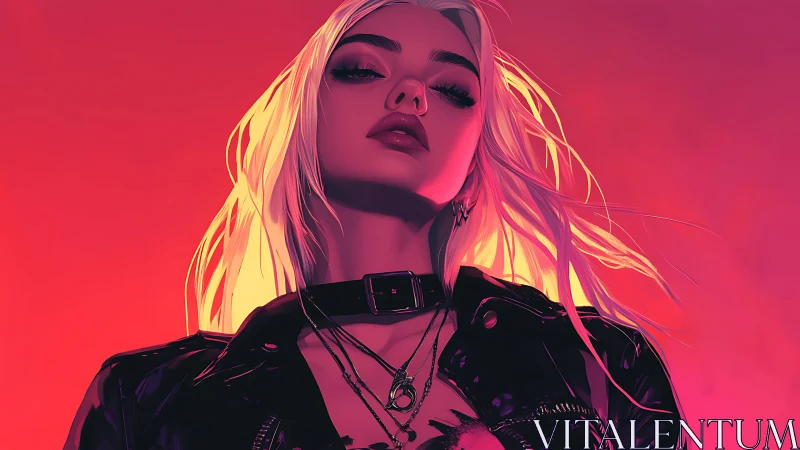 Blonde woman in leather jacket stands against vivid gradient