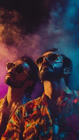 Two men in patterned shirts under colored stage lighting.