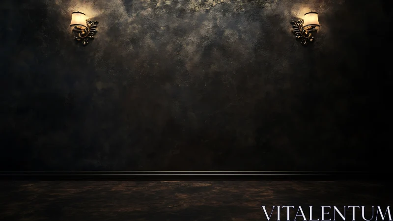 Dark textured wall with two classic sconces illuminated.