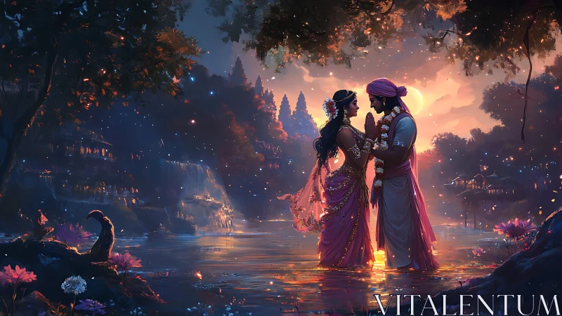 Couple stands in shallow water at dusk under glowing sky