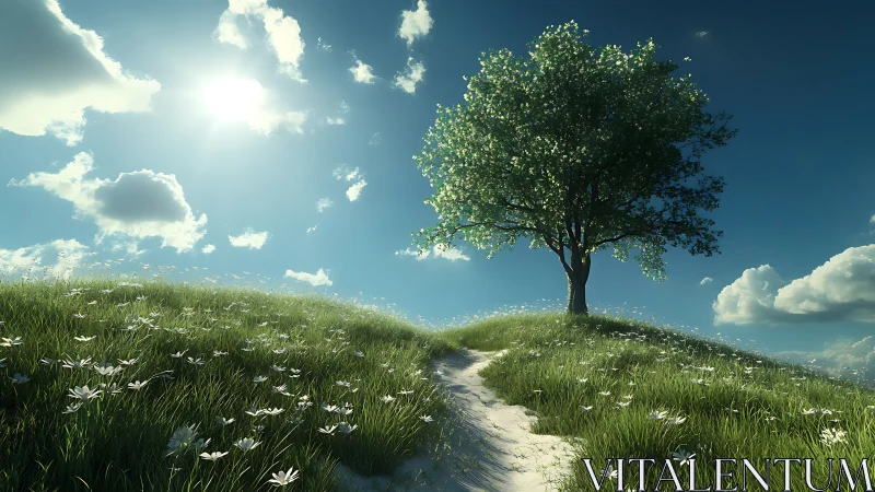 Lone hilltop tree crowns sunlit meadow under deep sky.
