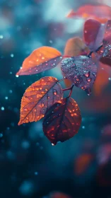 Autumn leaves in macro close-up with teal bokeh rainfall.