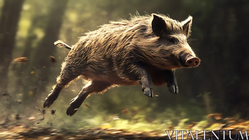 Wild boar races through sunlit forest in mid-leap.