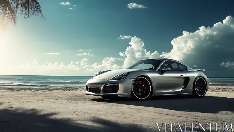Sunlit silver sports car waiting quietly by the seaside.