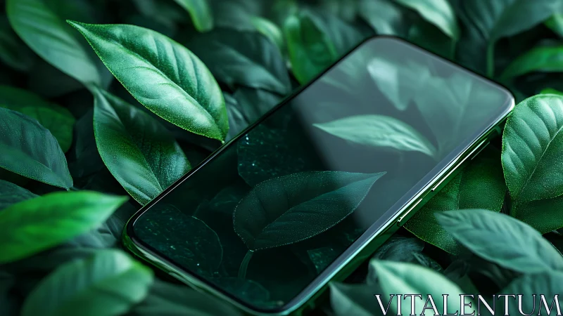 Eco-inspired smartphone on vibrant macro foliage surface.
