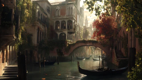 Gondolas beneath stone bridge in dense canal district.