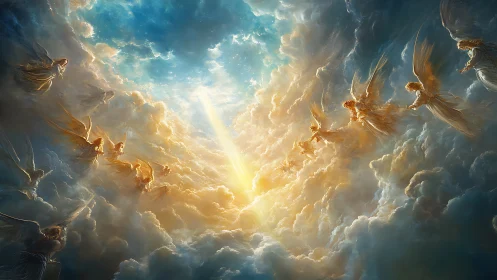 Celestial angels converge within radiant stratiform clouds