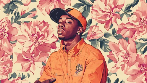 Portrait of man in orange against stylized floral backdrop.