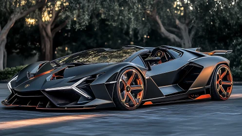 Low-angle view of futuristic matte black sports car outdoors.