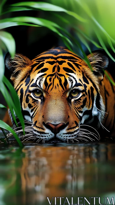 Stealthy tiger drinking at jungle water’s edge in focus.