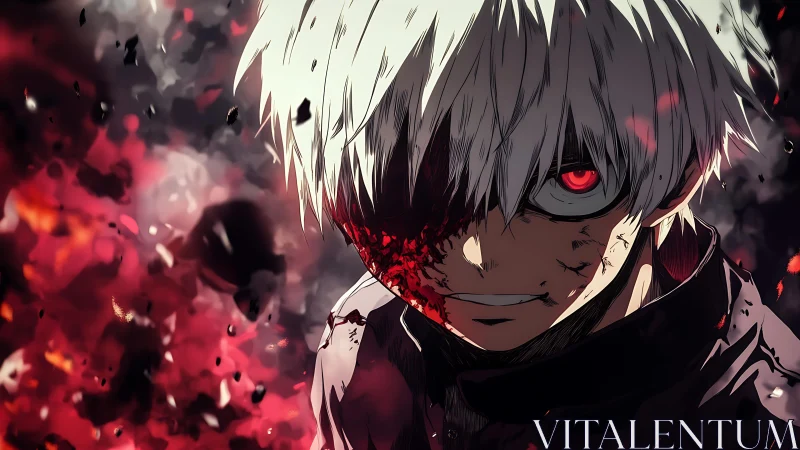 White haired anime antihero reveals bloodied eye in chaos