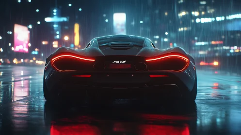 Supercar rear silhouette under neon rainlit city streets.