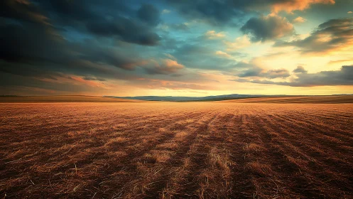 Golden farmland stretches calmly beneath a glowing sunset sky