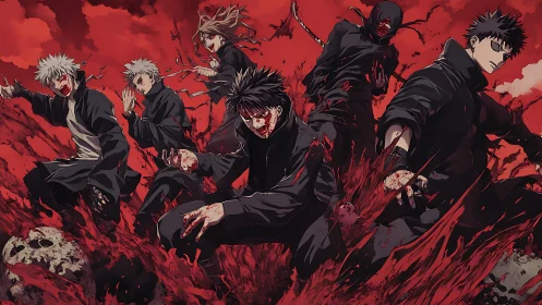 Group of combat-ready figures in red fluid environment.