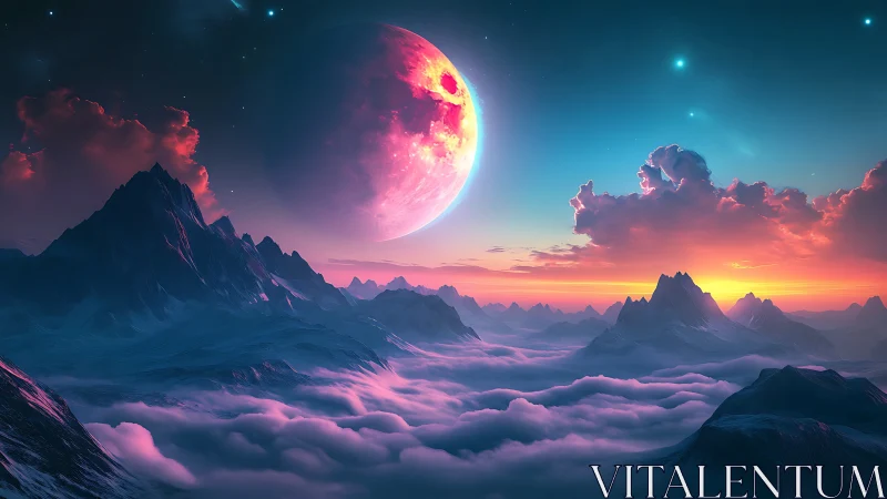 Luminous alien moonrise over nebular mountainscape horizon.