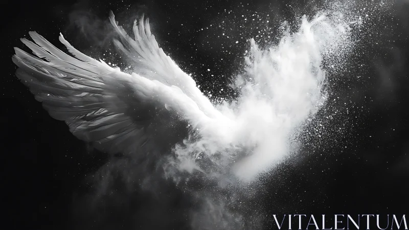 White wings dissolving into particulate cloud on black field.