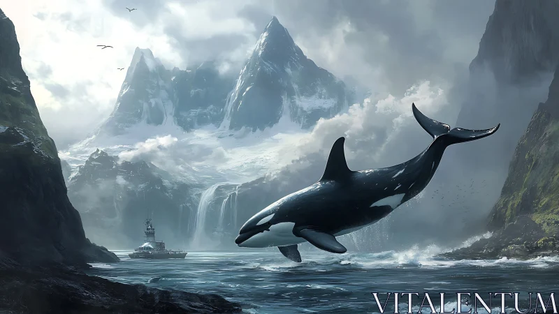 Orca breaches near ice-clad fjord cliffs under diffuse polar light