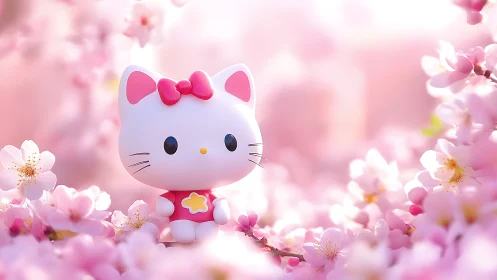 Cat figurine stands amid dense pink cherry blossoms