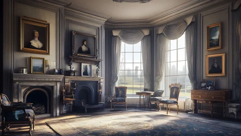 Historic drawing room with portraits and bay windows interior.