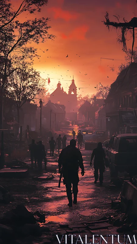 Silhouetted figures in ruined street at red sunset sky.