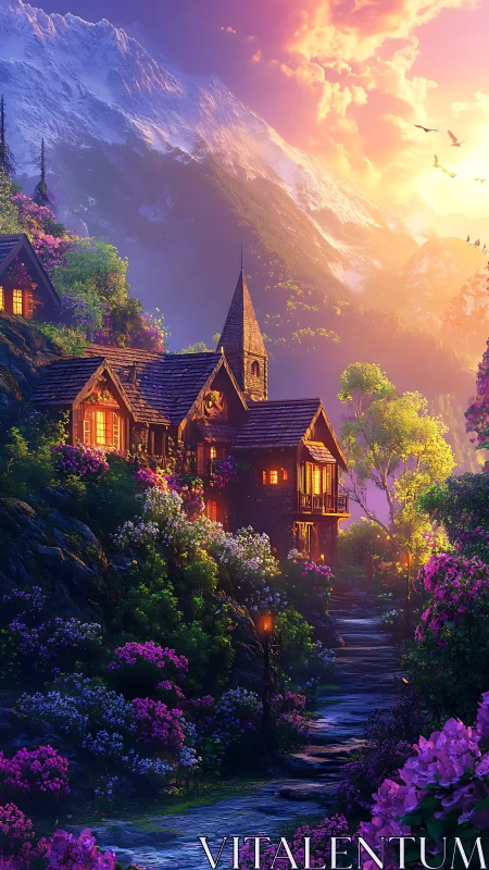 Mountain cottage at sunset with glowing warm windows.