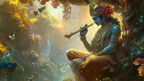 Divine blue deity plays golden flute in radiant forest grove