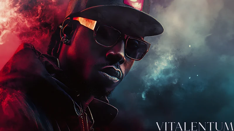 Portrait shows man in cap and glasses amid red blue smoke